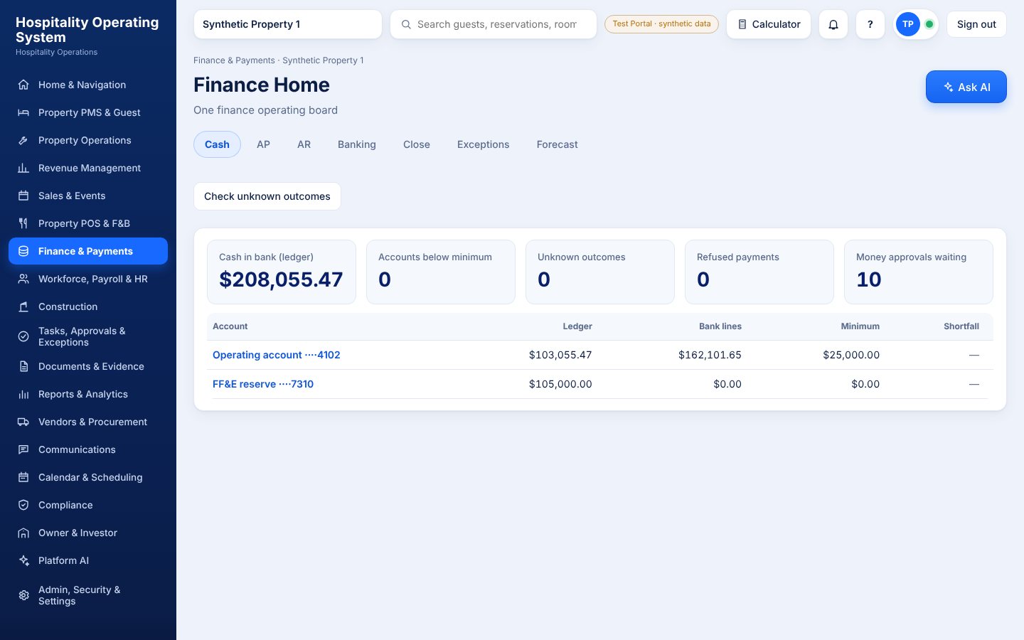 Daji OS Finance screen with demo data