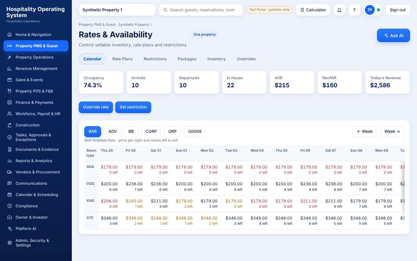 Daji OS Rates & availability screen with demo data