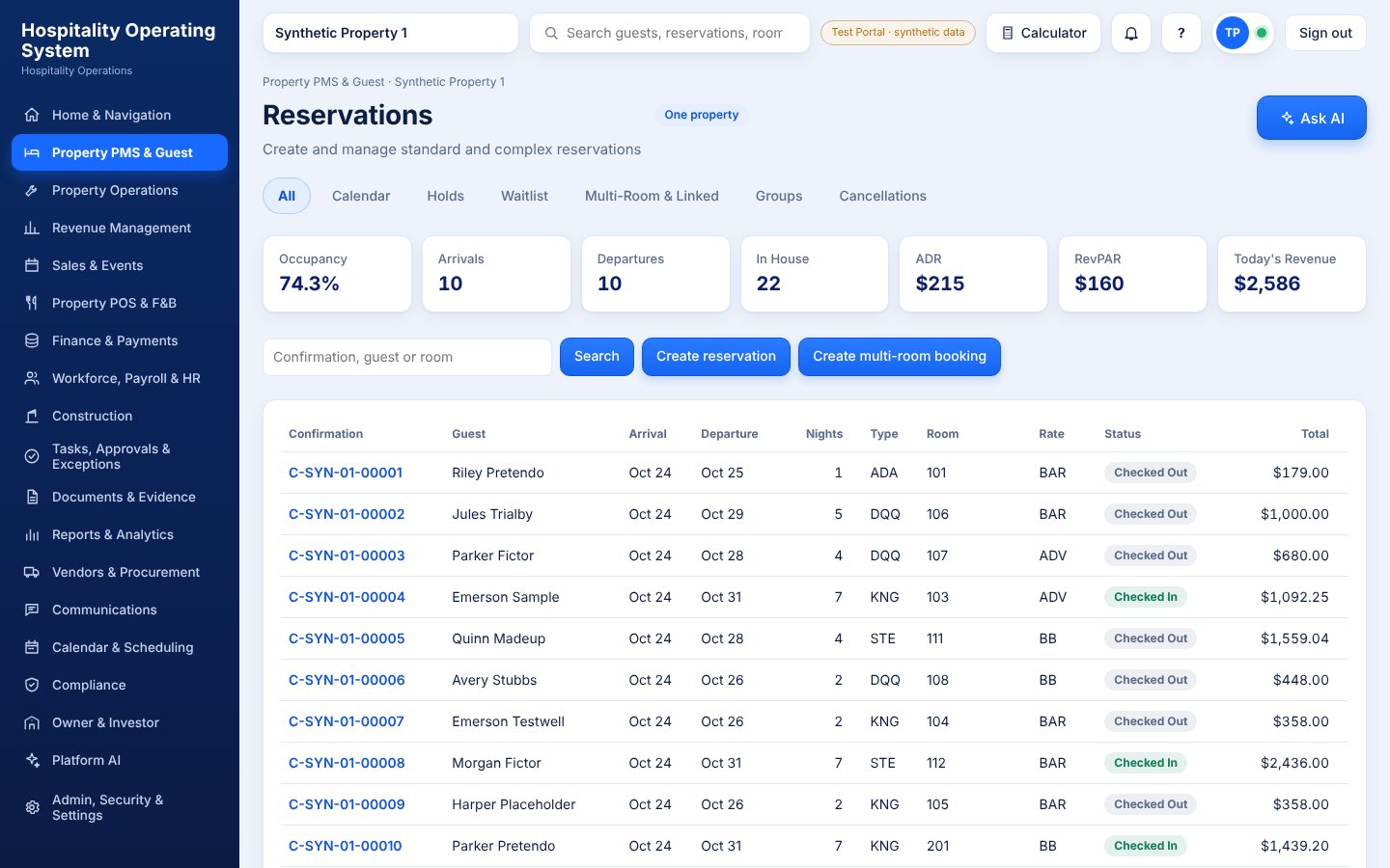 Daji OS Reservations screen with demo data